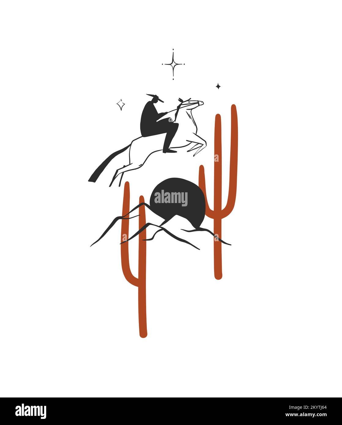Handgezeichnete abstrakte Vektor Grafik Cliparts Illustration boho Cowboy Reiter Komposition.Wild Western Design concept.Bohemian wilden Westen zeitgenössische Kunst Stock Vektor