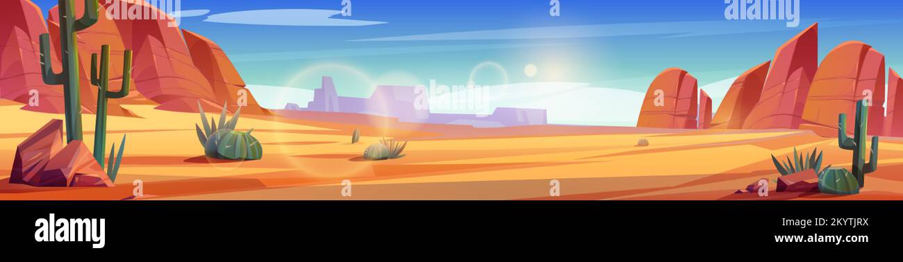 Wüste von Afrika oder Wild West Arizona Naturlandschaft. Cartoon Panorama Hintergrund, Spielort mit gelbem Sand, Kakteen, Felsen unter blauem Himmel wit Stock Vektor