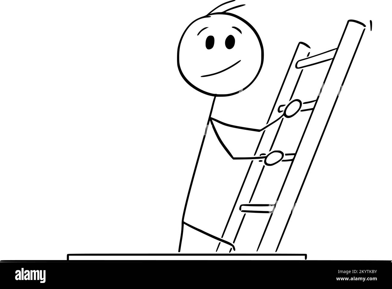 Person, die die Leiter zum Verlassen des Lochs hochklettert, Abbildung einer Vektor-Cartoon-Stange Stock Vektor