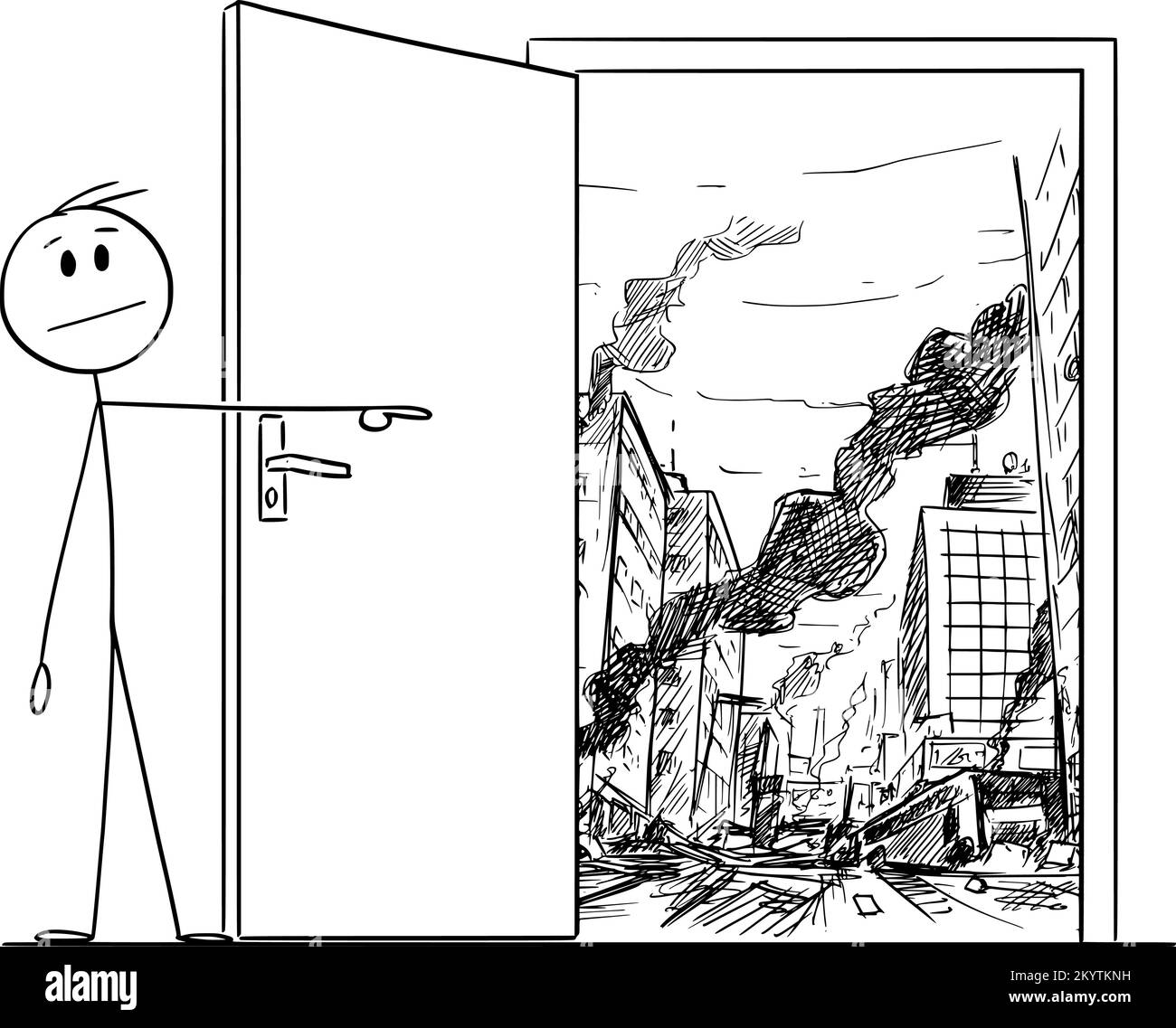 Krieg, Krise, Katastrophe oder Verdammnis hinter der Tür, Vektor-Cartoon-Stick-Abbildung Stock Vektor