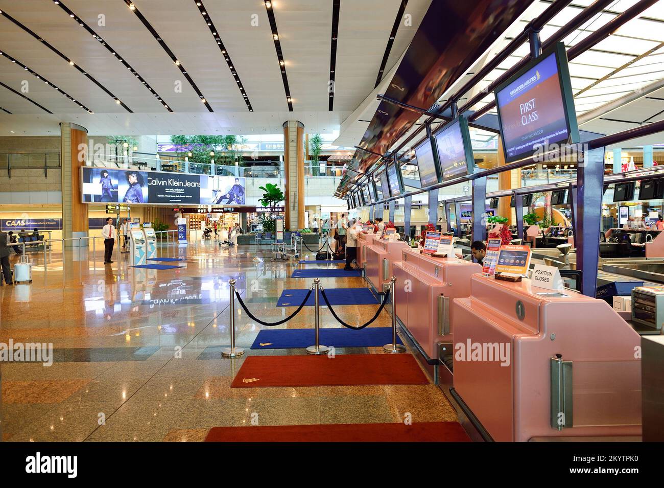 SINGAPUR - 07. NOVEMBER 2015: Check-in-Bereich am Flughafen Changi. Der Flughafen Singapur Changi ist der zivile Hauptflughafen Singapurs und einer der Flughäfen Stockfoto