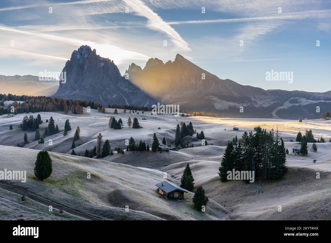 Am frühen Morgen auf der Alpe di Siusi - Seiser Alm (Dolomiten, Italien) Stockfoto