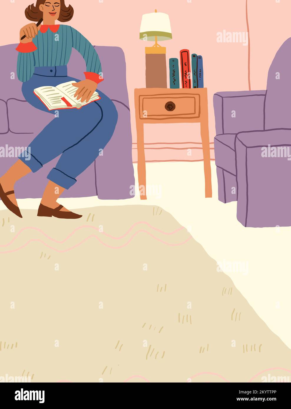 Frau liest Buch im Wohnzimmer. Eine schöne, gemütliche Zeit allein zu Hause. Vektordarstellung Stock Vektor