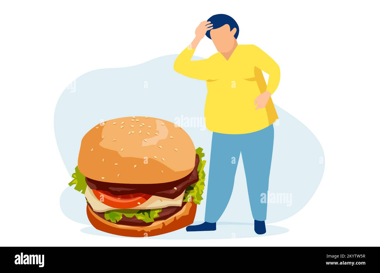 Vektor eines übergewichtigen Mannes, der nach einem fetten Cheeseburger sehnt Stock Vektor