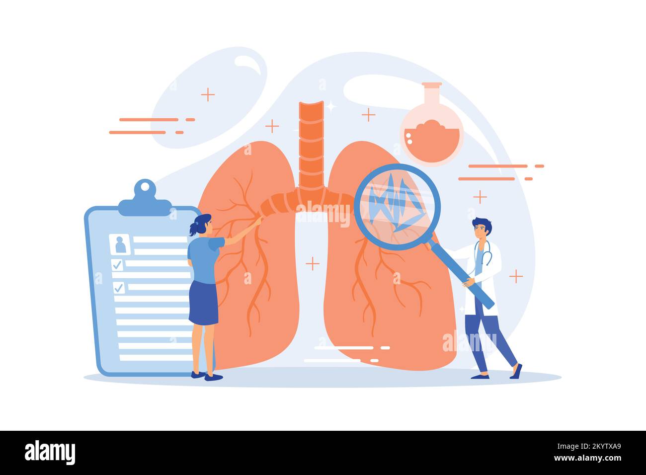 Arzt mit Lupe, der Bakterien in der Lunge untersucht. Tuberkulose, Mycobacterium tuberculosis und Welttuberkulosetag-Konzept auf weißem Hintergrund. F Stock Vektor
