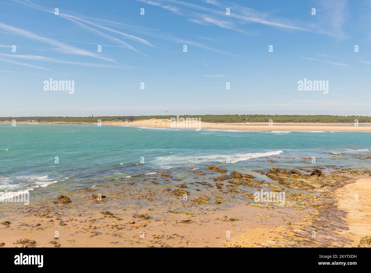 Blick auf den Strand Pointe du Payre, Jard sur Mer, Frankreich an einem Sommertag, Vendée, Frankreich Stockfoto