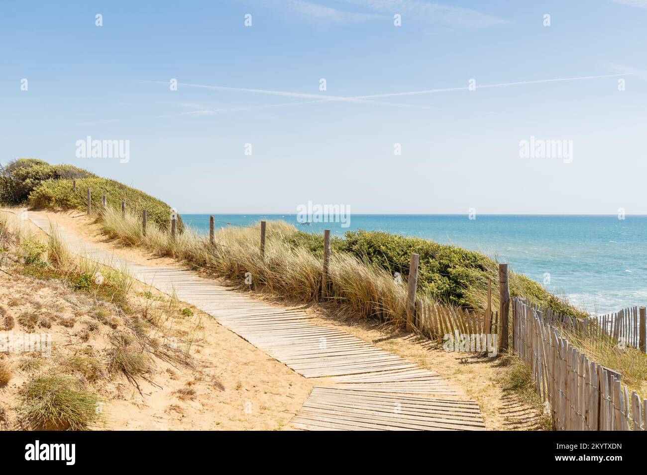 Blick auf den Strand Pointe du Payre, Jard sur Mer, Frankreich an einem Sommertag, Vendée, Frankreich Stockfoto
