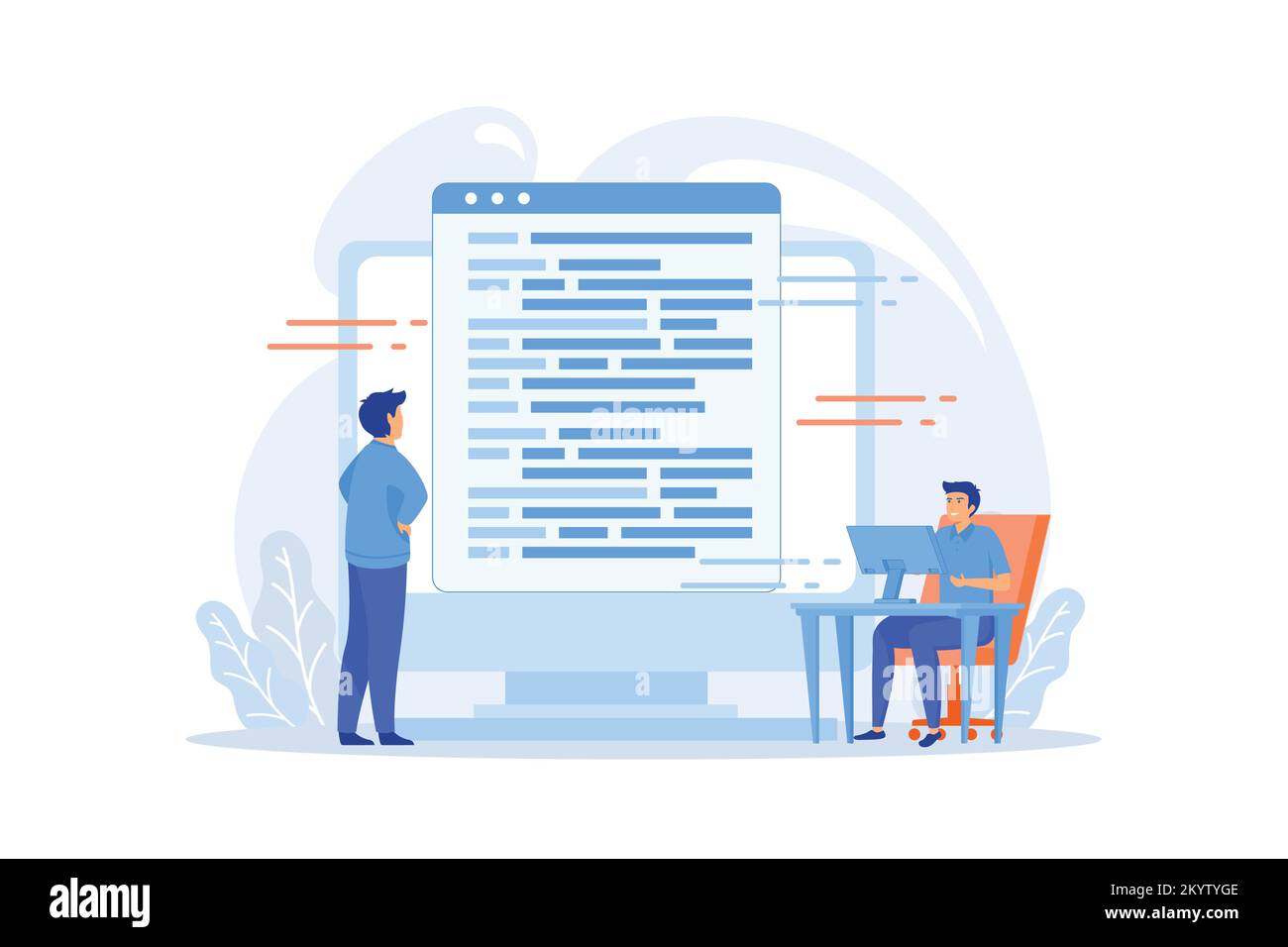 Codierung und Website-Entwicklung. Technischer Support. Programmiertechnik. Programmierer, Webentwickler, Computersoftware. Programmierer männlich, flacher Charakter. F Stock Vektor
