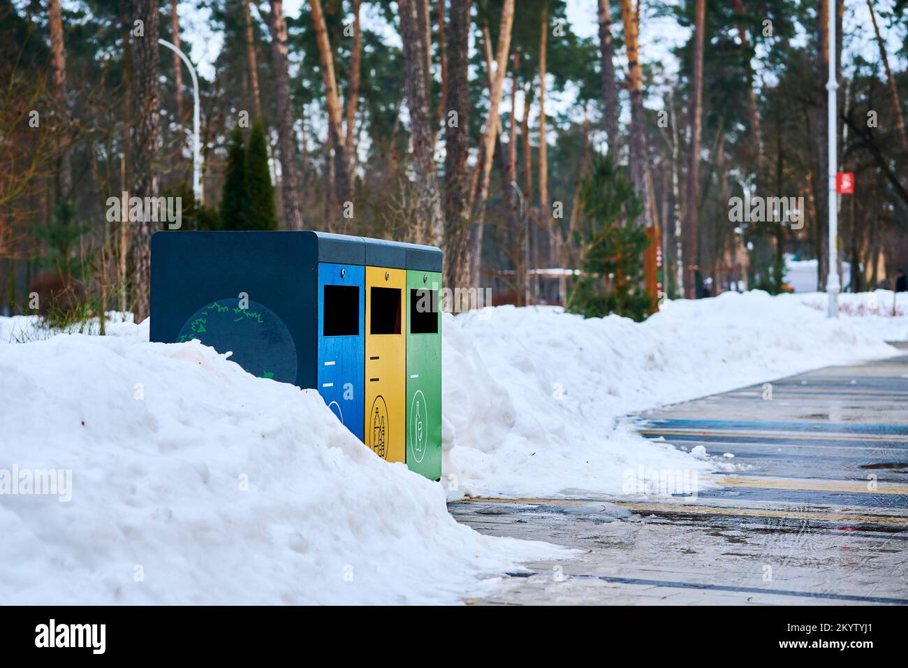 Müllabfuhrbehälter für Kunststoff, Papier und Glas in einem Winterpark Stockfoto