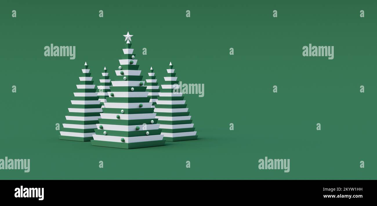 Modern dekorierter Weihnachtsbaum mit Ornamenten auf grünem Hintergrund 3D Rendering 3D Illustration Stockfoto