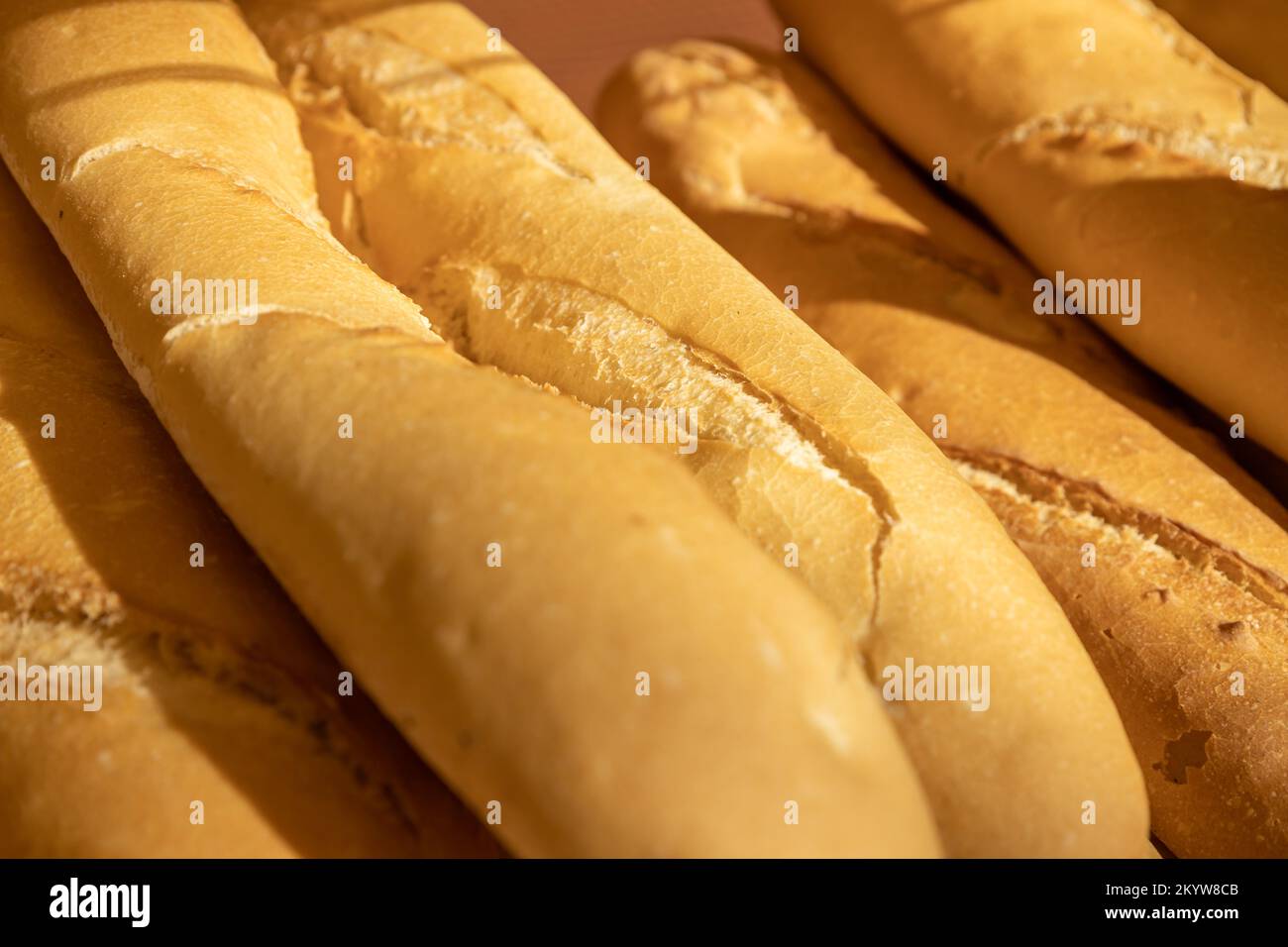 Mehrere Stücke frisch gebackenes französisches Brot. Lebensmittel, die mit raffiniertem Mehl hergestellt werden. Stockfoto