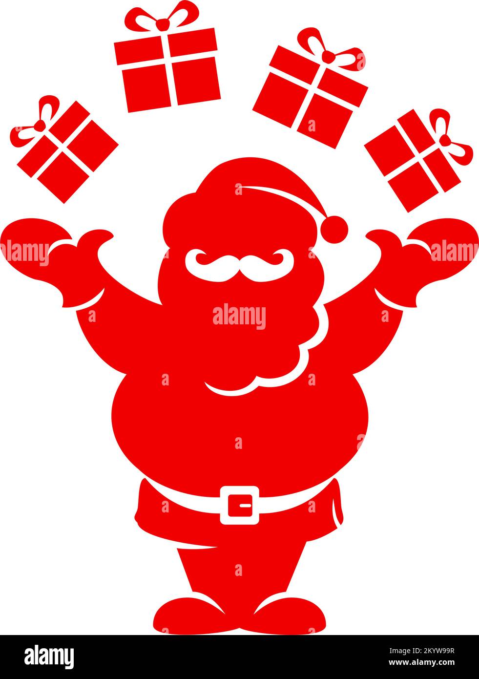 Die Silhouette des Weihnachtsmanns jongliert mit Geschenken. Vektorsymbol auf transparentem Hintergrund Stock Vektor
