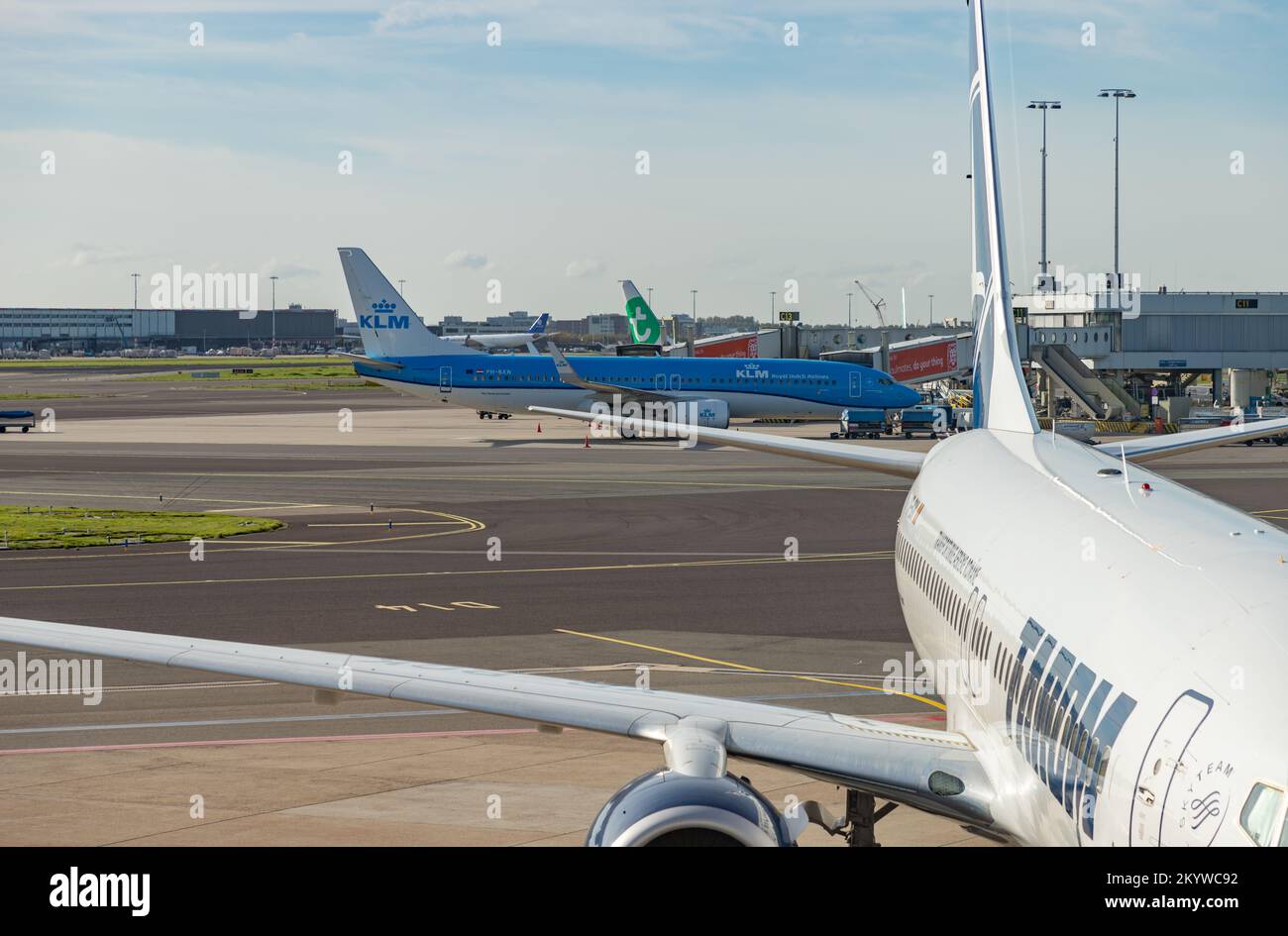 Ein Bild von mehreren Flugzeugen am Flughafen Schiphol. Stockfoto