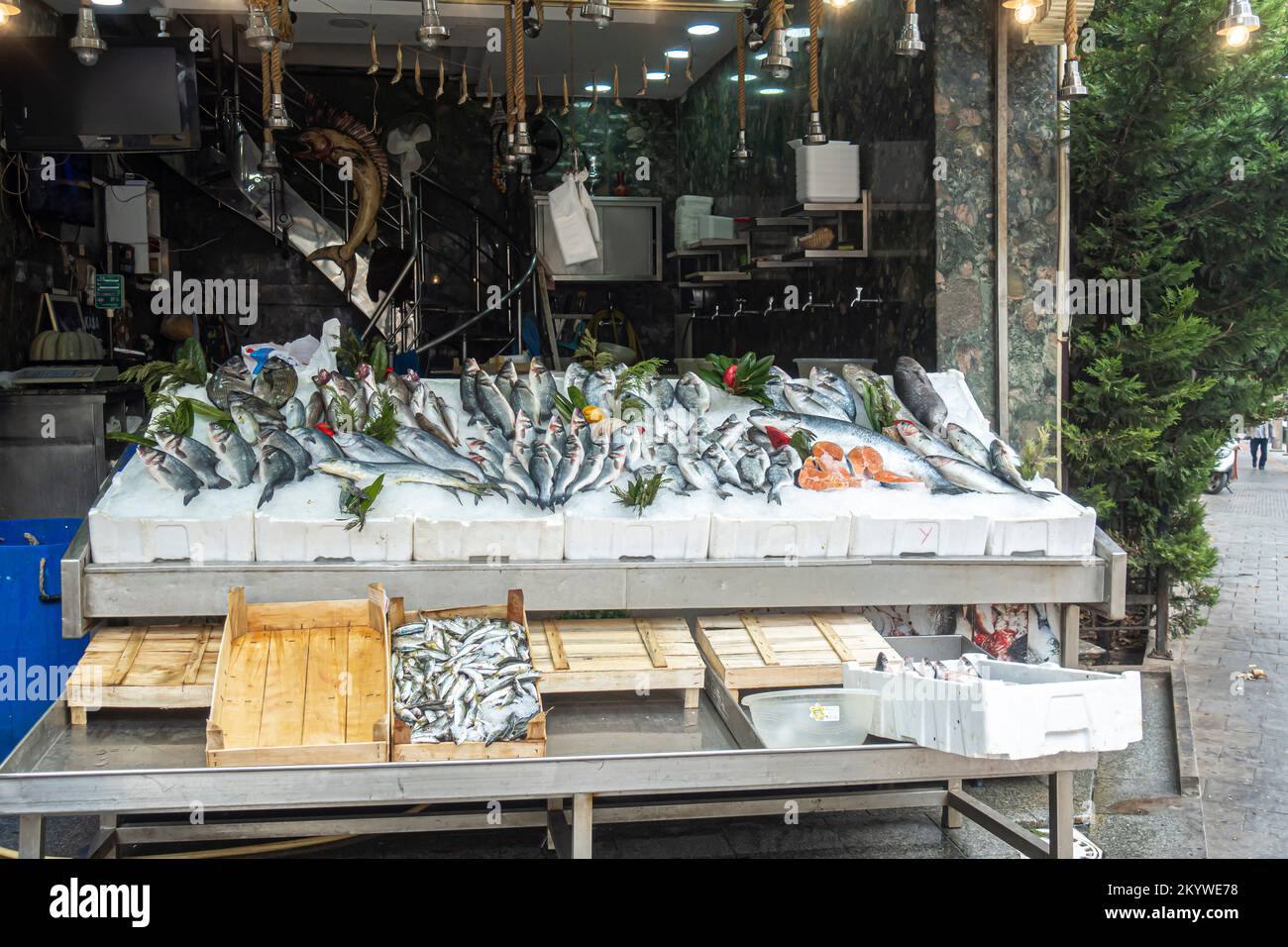 Fischstand, Fisch und Meeresfrüchte werden in Bursa Turkey ausgestellt Stockfoto