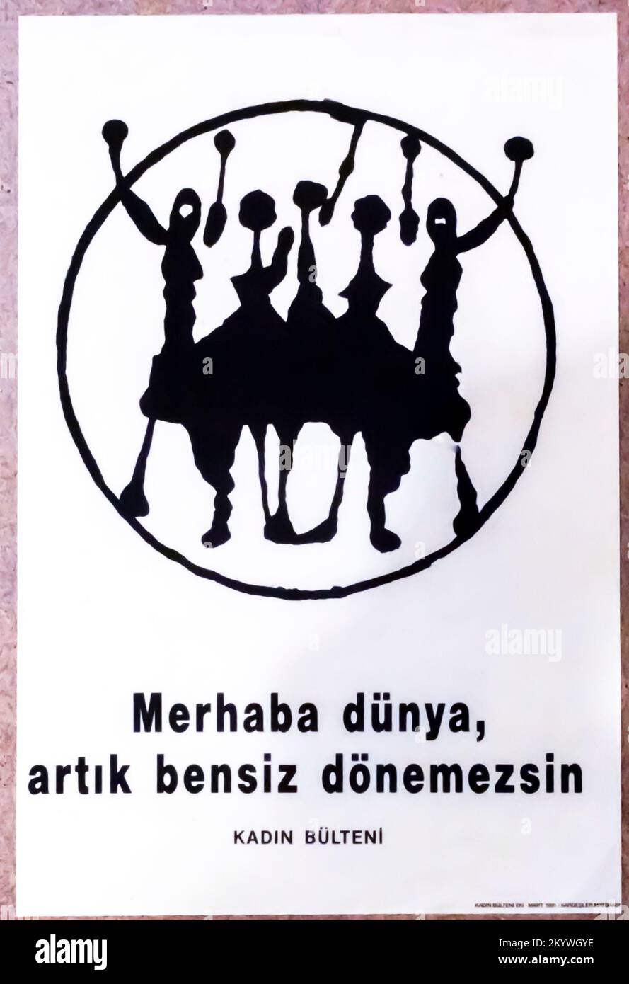 "Hallo Welt, du kannst nicht ohne uns weitermachen" feministisches Poster von Kadin Buleteni, das öffentliche Leben der Frauen. Feministisches Gedächtnisprojekt. Stockfoto
