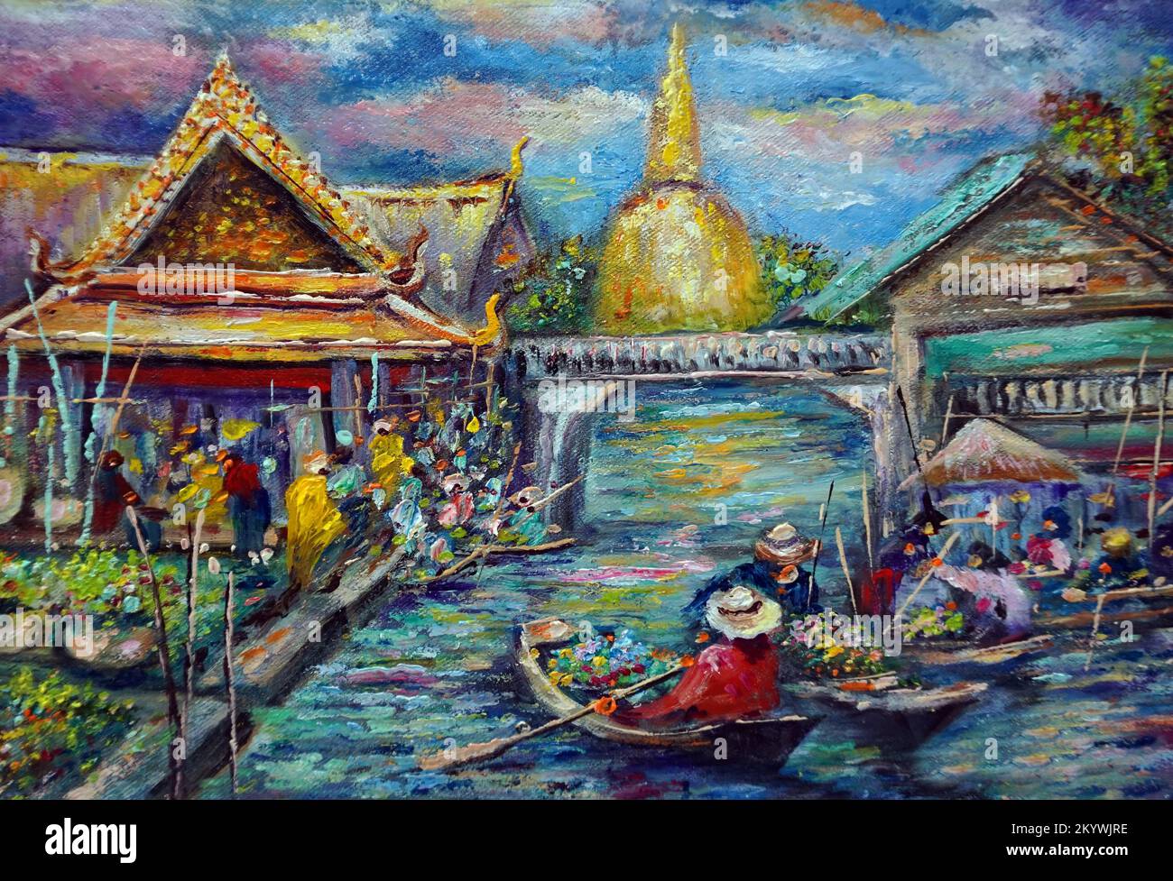 Malerölfarbe schwimmender Markt Thailand, auf dem Land Stockfoto