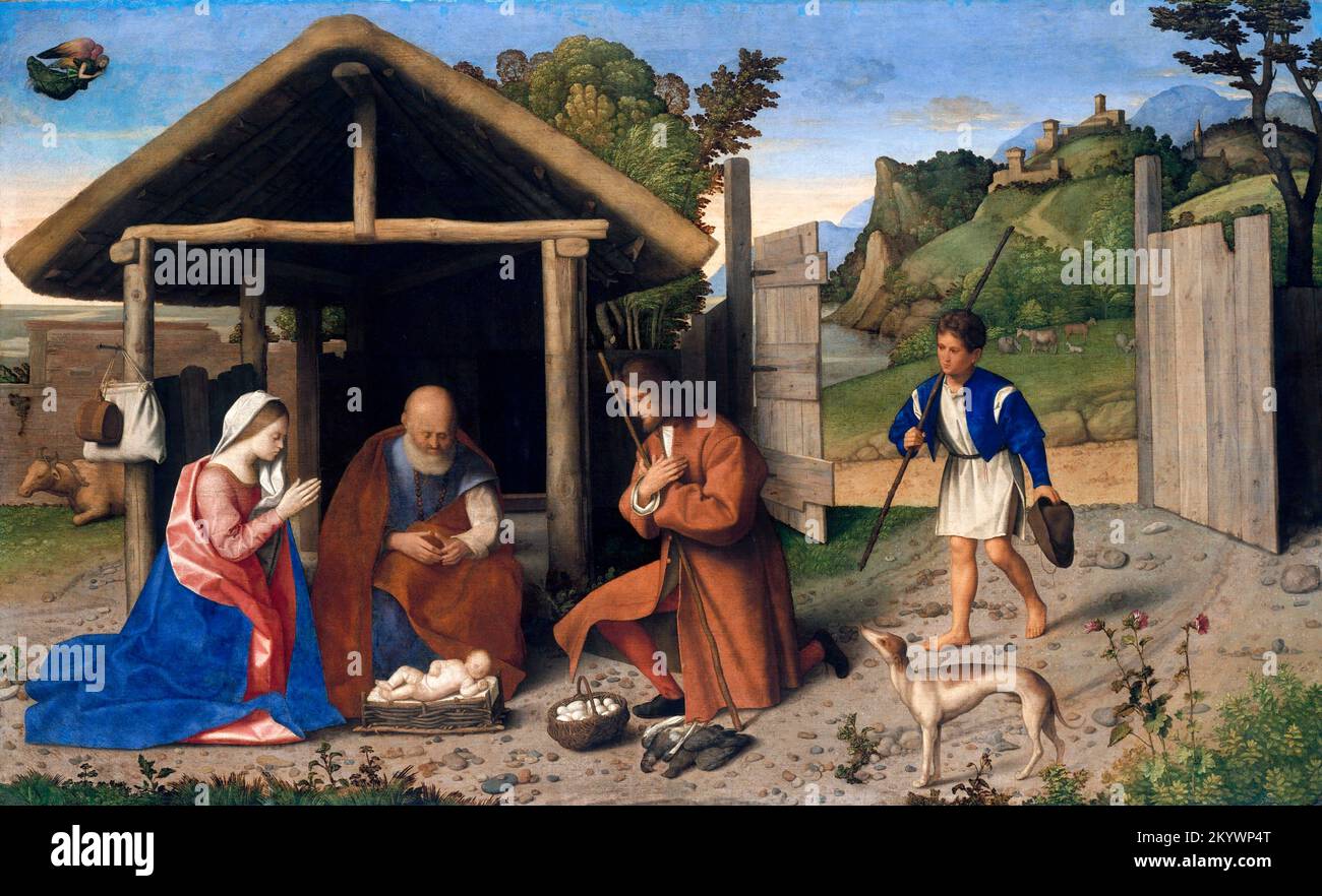 Die Verehrung der Hirten durch den venezianischen Renaissance-Künstler Vincenzo Catena (ca. 1480–1531), Öl auf Leinwand, nach 1520 Stockfoto