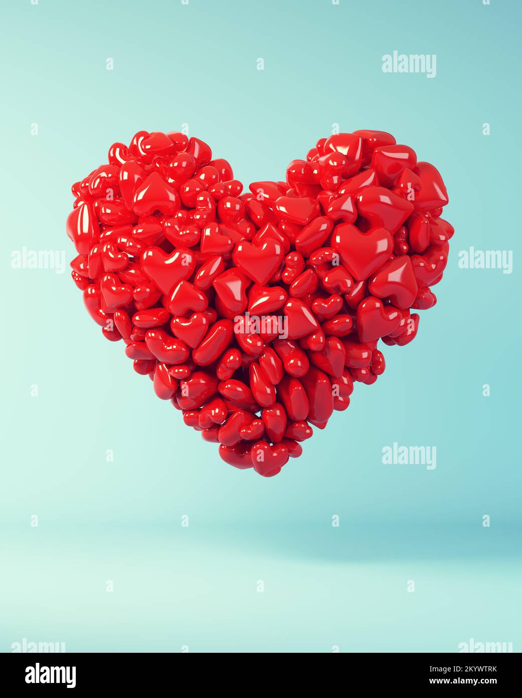 Rotes Herz geformt aus kleineren Herzen Valentinstag Februar 14. 2023 Valentinstag Form Symbol der Liebe Romantik Blassblauer Hintergrund 3D Stockfoto