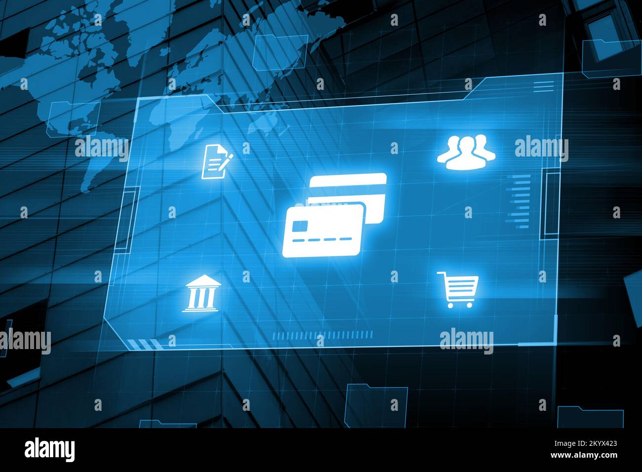 Symbol einer Bankkarte auf einer grafischen Anzeige für die Bezahlung von Dienstleistungen und Waren Stockfoto