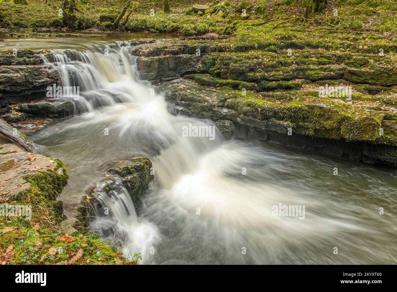 Namenloser Wasserfall unter Pont Melin Fach am Fluss Neath oder in Walisisch, der Afon Nedd. Stockfoto