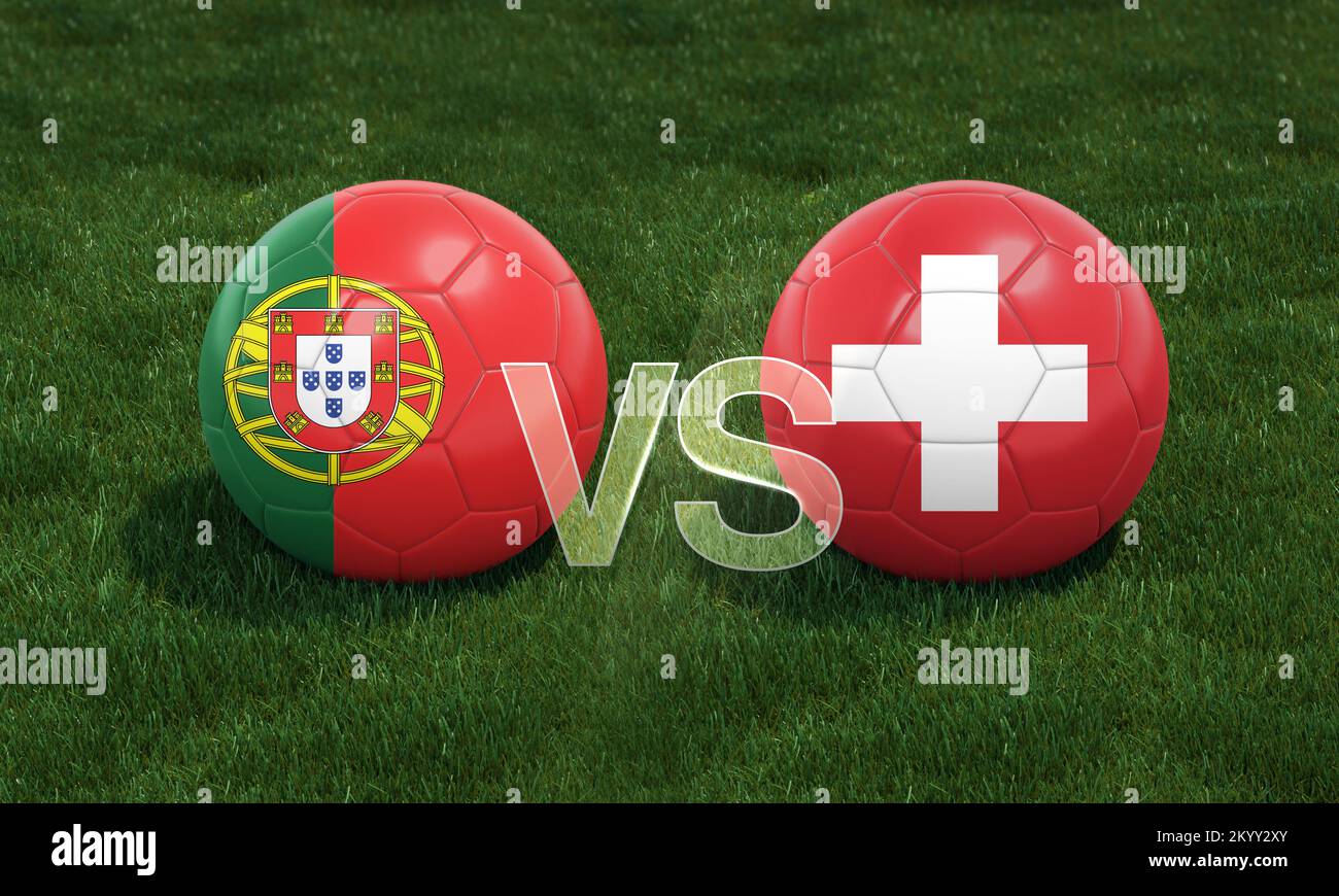 Fußball mit Portugal gegen Schweiz 3D Fußballflaggen auf grünem Fußballfeld. 3D Abbildung. Stockfoto