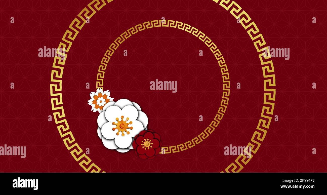 Bild von Blumen und Kreisen auf rotem Hintergrund Stockfoto
