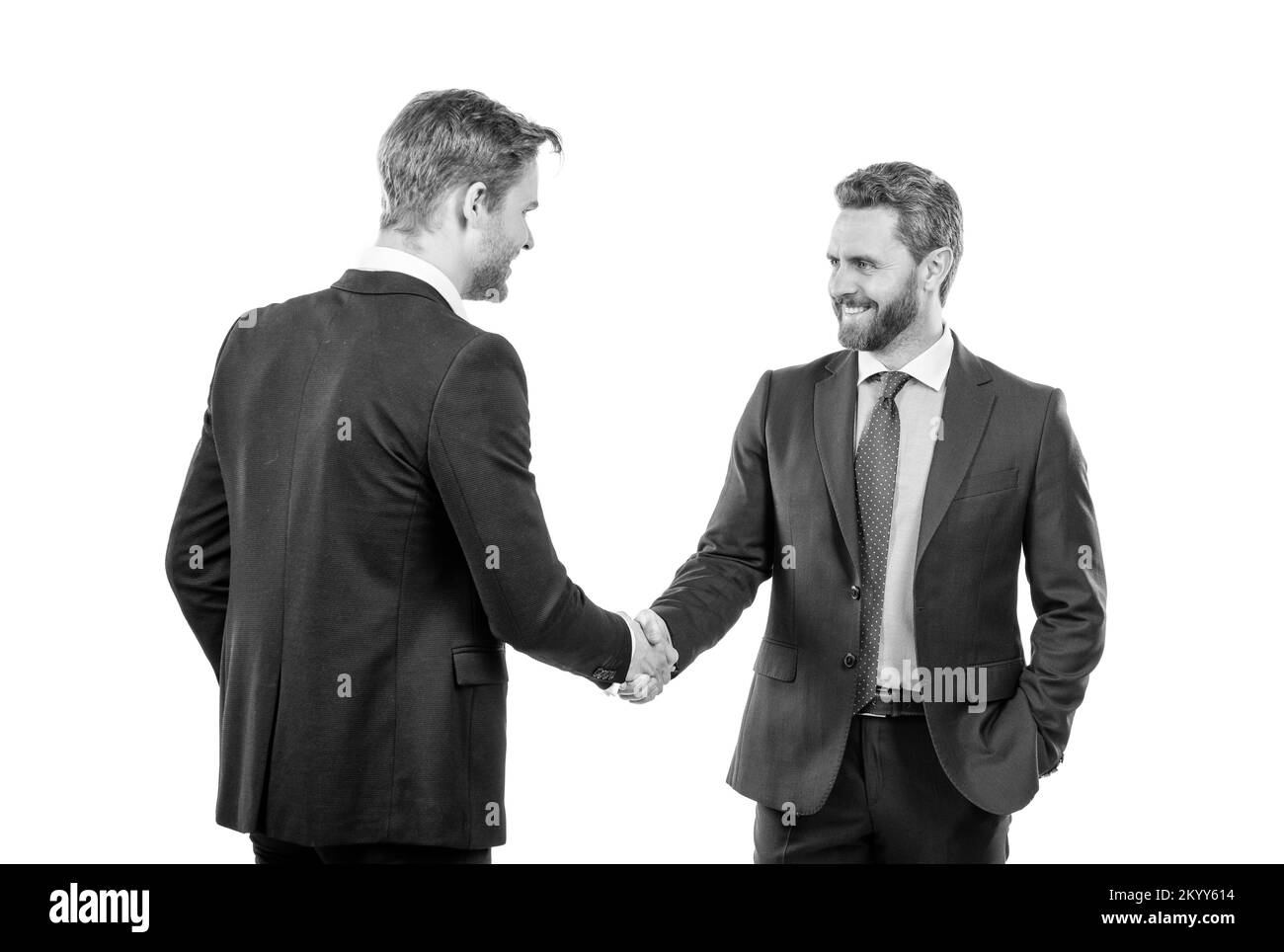 Freude, mit Ihnen umzugehen. Partner nach Geschäftsabschluss. Zusammenarbeit und Partnerschaft. Händedruck von Kollegen. Erfolgreiche Verhandlungen. Männer schütteln ha Stockfoto