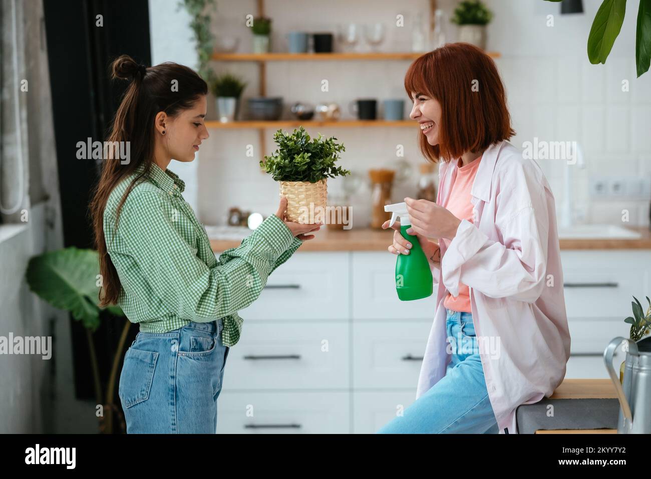Zwei Frauen kümmern sich um Zimmerpflanzen, die mit Wasser besprühen. Stockfoto