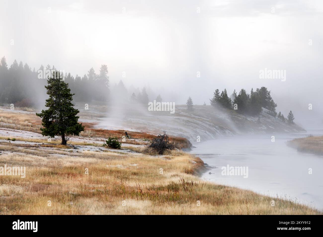 WY05155-00....Wyoming - Nebel und Dunst am Firehole River, Upper Geyser Basin, im Yellowstone Nationalpark. Stockfoto