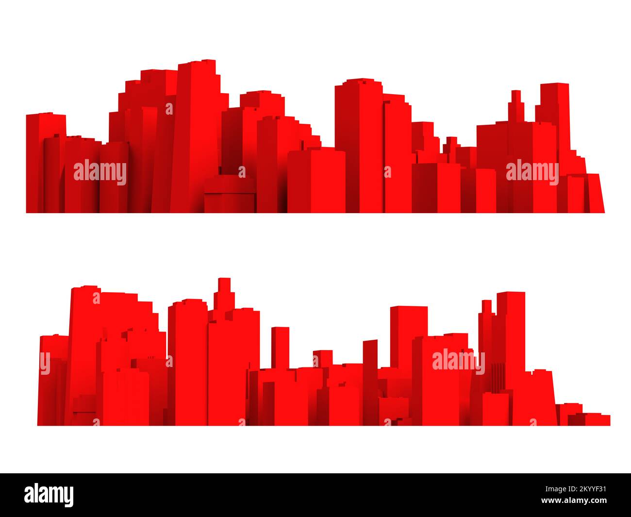 Isolierte 3D-Darstellung toonroter Stadtlandschaften auf weißem Hintergrund. Stockfoto