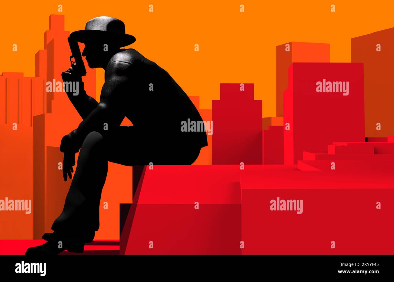 3D Darstellung eines Detektivs oder Gangsters mit Hut, Jacke und Waffe auf einem roten Hintergrund mit Stadtbild. Stockfoto