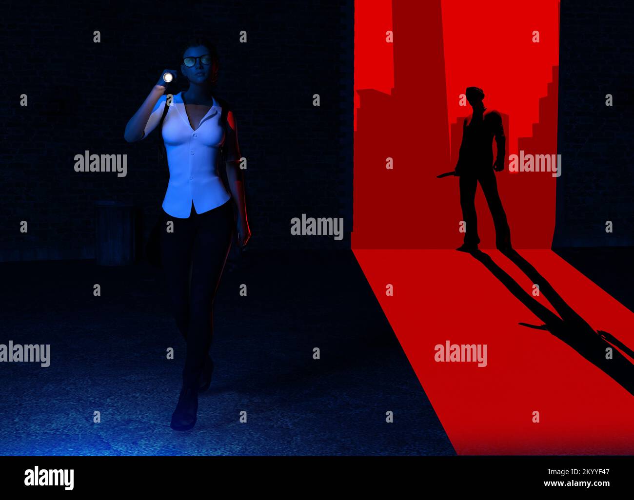 3D Rendern Sie Thriller-Illustration einer Detektivin in weißem Hemd und Jeans, die mit einer Taschenlampe durch die Gassen läuft, mit einem Killer, der ein Messer auf dunklem B hält Stockfoto