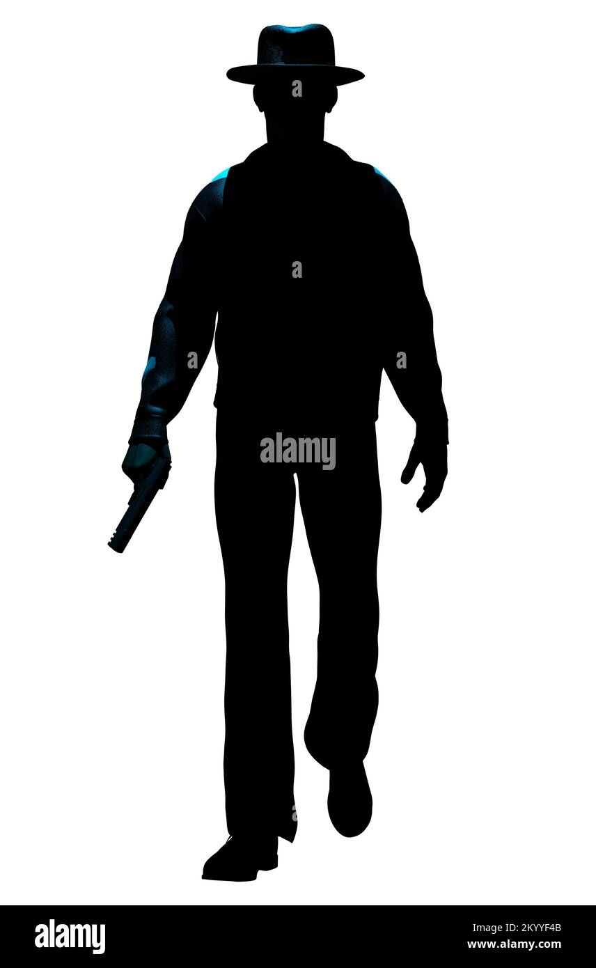 Isolierte 3D-Darstellung eines männlichen Detektivs oder Mafioso mit einer Pistolensilhouette, die auf weißem Hintergrund läuft. Stockfoto