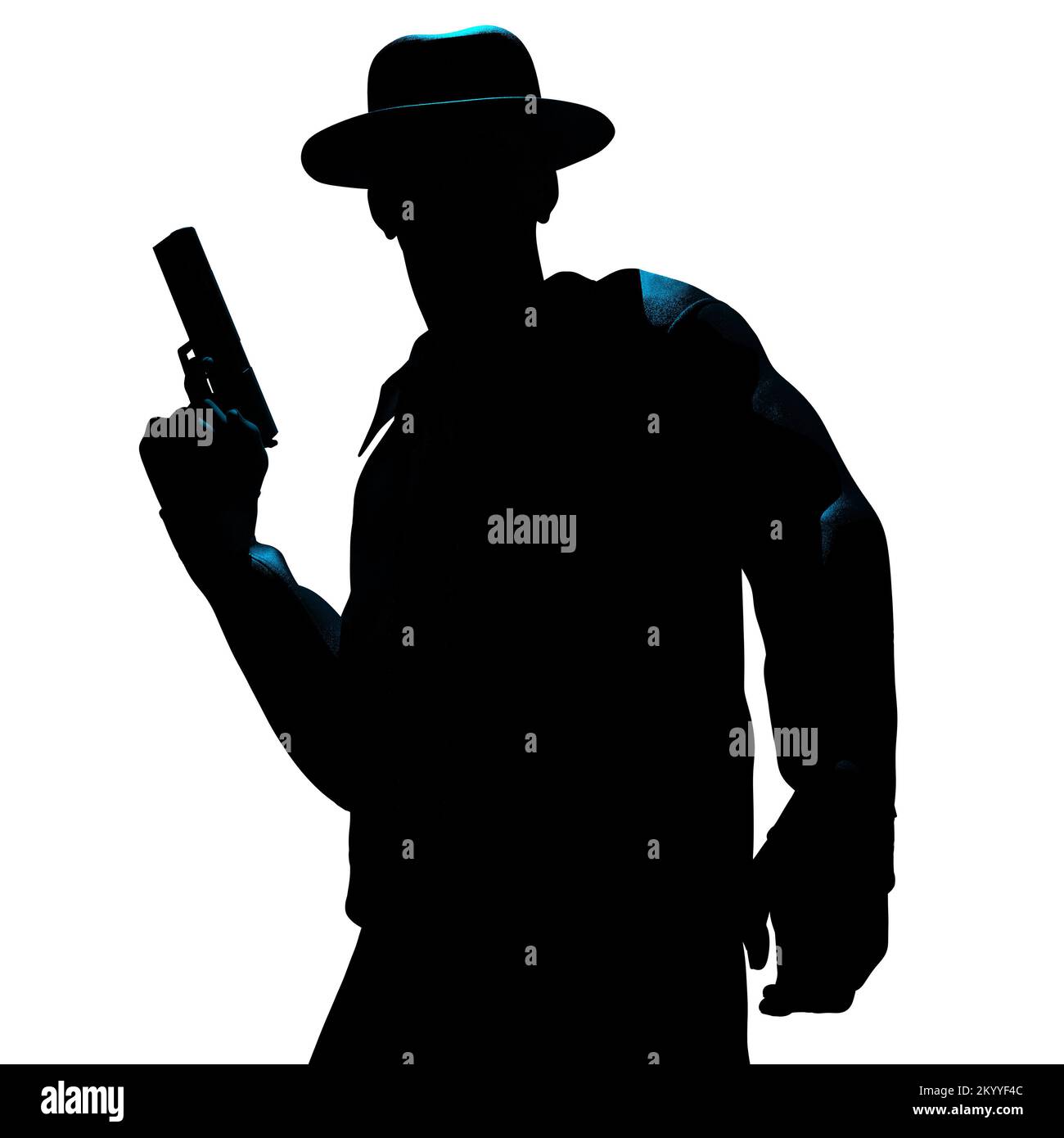 Isolierte 3D-Darstellung eines männlichen Detektivs oder Mafioso mit einer Pistolensilhouette auf weißem Hintergrund. Stockfoto