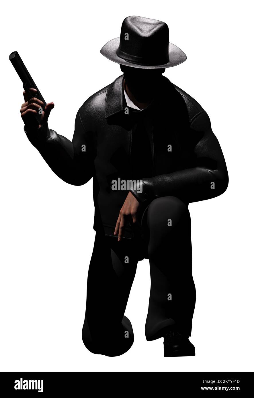 Isolierte 3D-Darstellung eines männlichen Detektivs oder Mafioso mit Knieabbildung auf weißem Hintergrund. Stockfoto