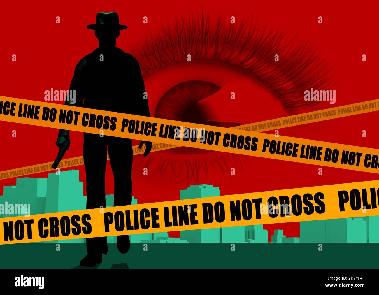 3D Darstellung eines männlichen Detektivs oder Mafioso mit einer Pistolensilhouette, die auf rotem Stadtbild läuft, mit einem verängstigten Frauenauge und gelbem Polizisten li Stockfoto