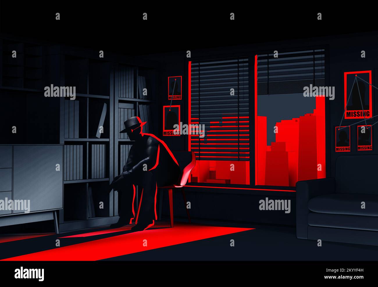 3D Darstellen Sie eine Noir-Illustration eines toon Kriminalbeamten mit einer Waffe in einem dunklen Raum mit Blick auf die rote Stadtlandschaft und fehlenden Postern an der Wand. Stockfoto