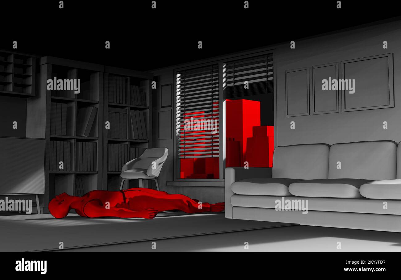 3D Darstellung des männlichen Opferkörpers in einem weißen dunklen Raum auf rotem Stadthintergrund. Stockfoto