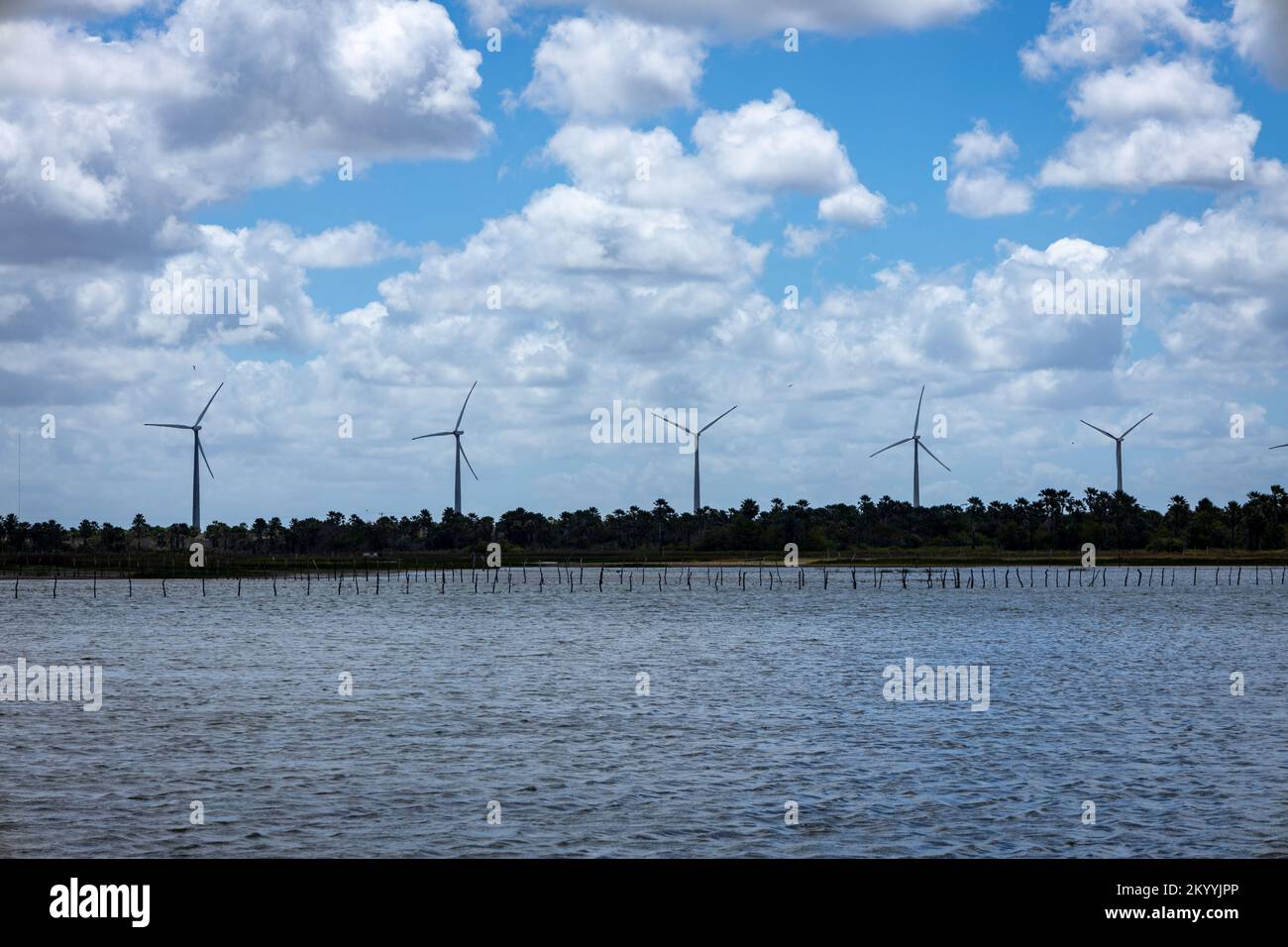 Windenergieerzeuger. Saubere und erneuerbare alternative Energien. Das Energiekonzept der Zukunft. Stockfoto