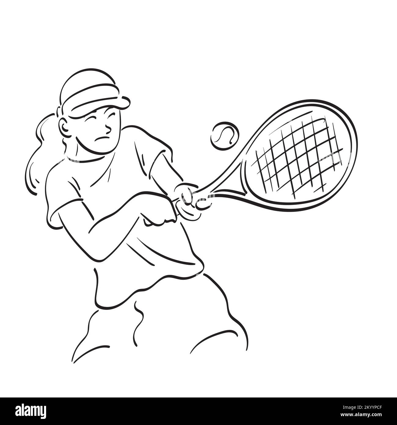 Linienkunstsportlerin, asiatische Frau, die Tennis und Schlagball spielt, mit einer Hand gezeichnet, isoliert auf weißem Hintergrund Stock Vektor