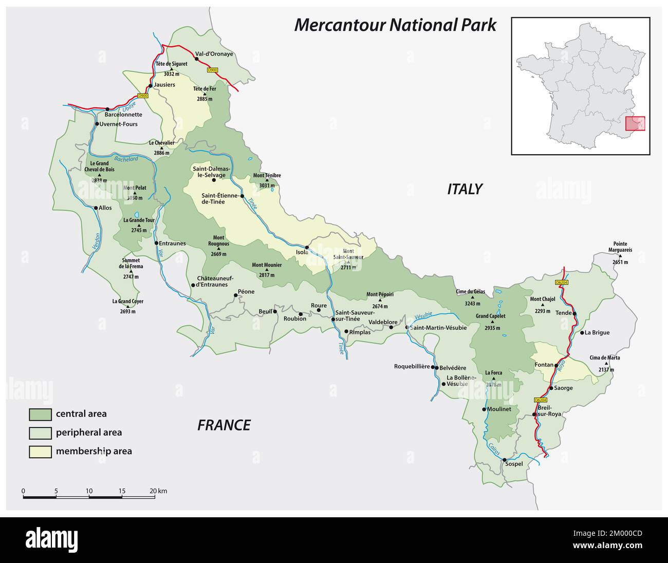 Vektorkarte des französischen Nationalparks Mercantour Stockfoto