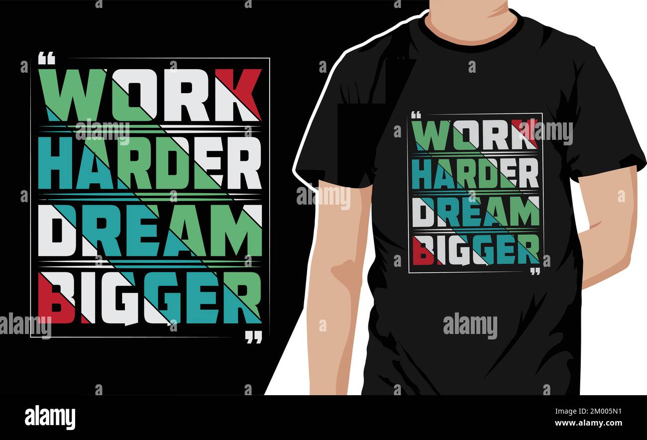 Motivations-T-Shirt Design mit Zitat „Work Hard Dream Big“. Farbenfrohes Typografie-Vektorposter-Design Stock Vektor