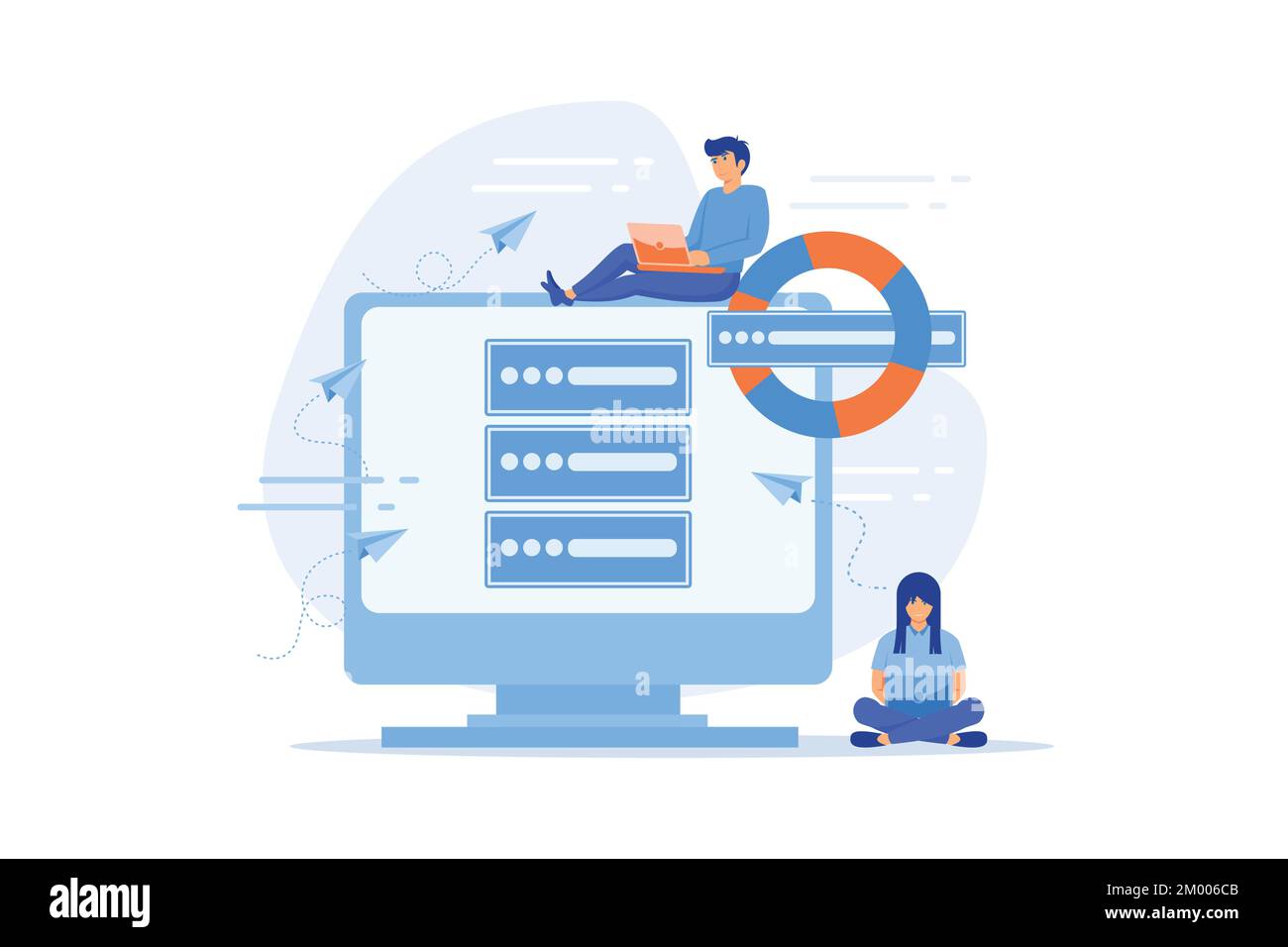 Kleine Leute Programmierer mit Laptops speichern Daten auf Backup-Server mit Rettungsring. Backup-Server, Online-Backup-Speicher, sekundäres System-Server-Konzept. Stock Vektor