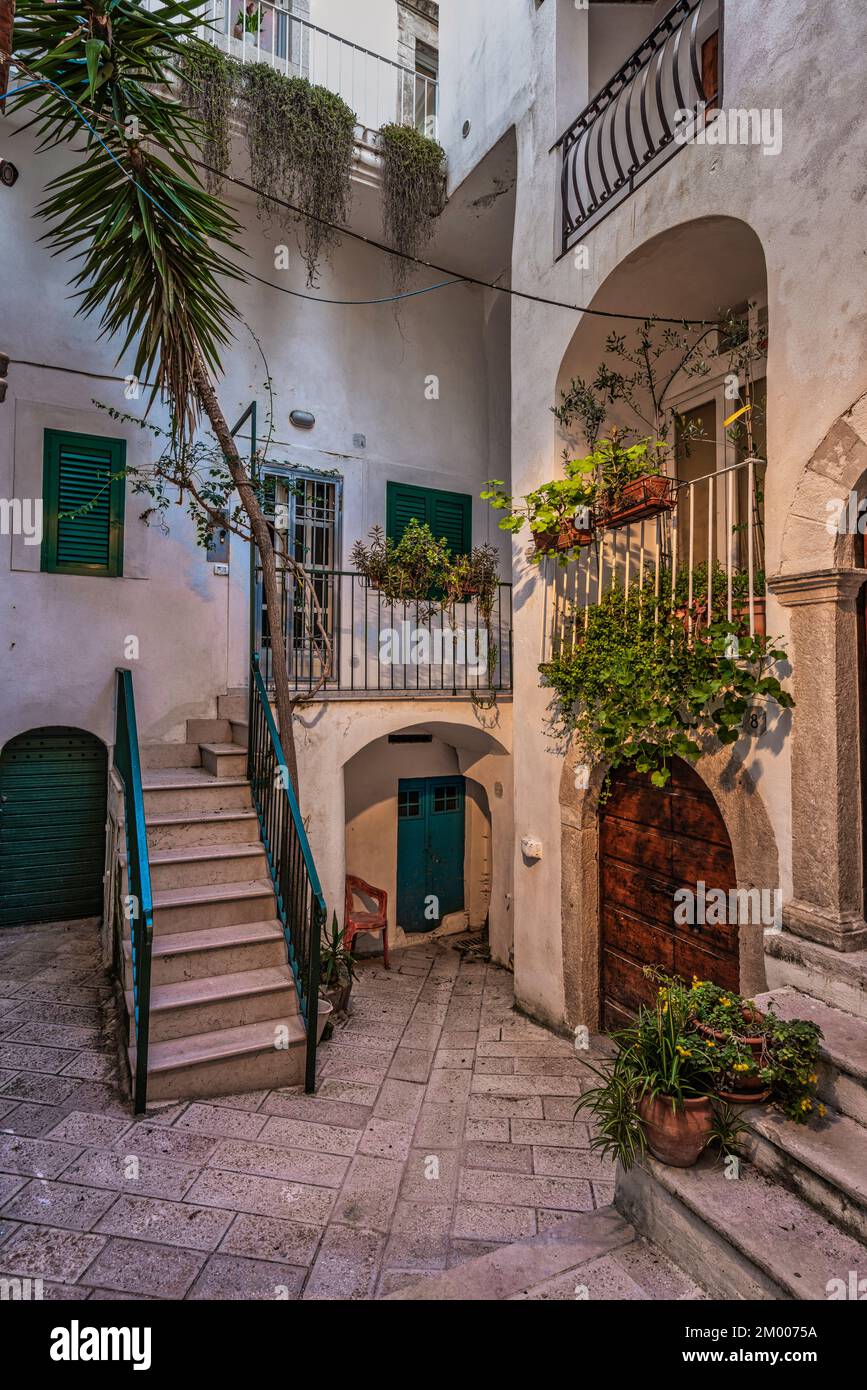 Charakteristischer Platz mit Stufen und bogenförmigen Eingängen. Typisch für Apulien-Städte. Vieste, Provinz Foggia, Apulien, Italien, Europa Stockfoto