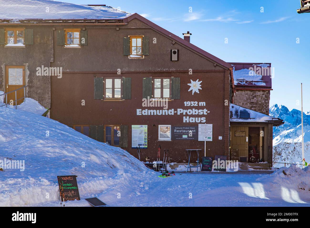 Edmund Probst Haus der Deutschen Alpengemeinschaft, Skigebiet Nebelhorn, Oberstdorf, Oberallgäu Stockfoto