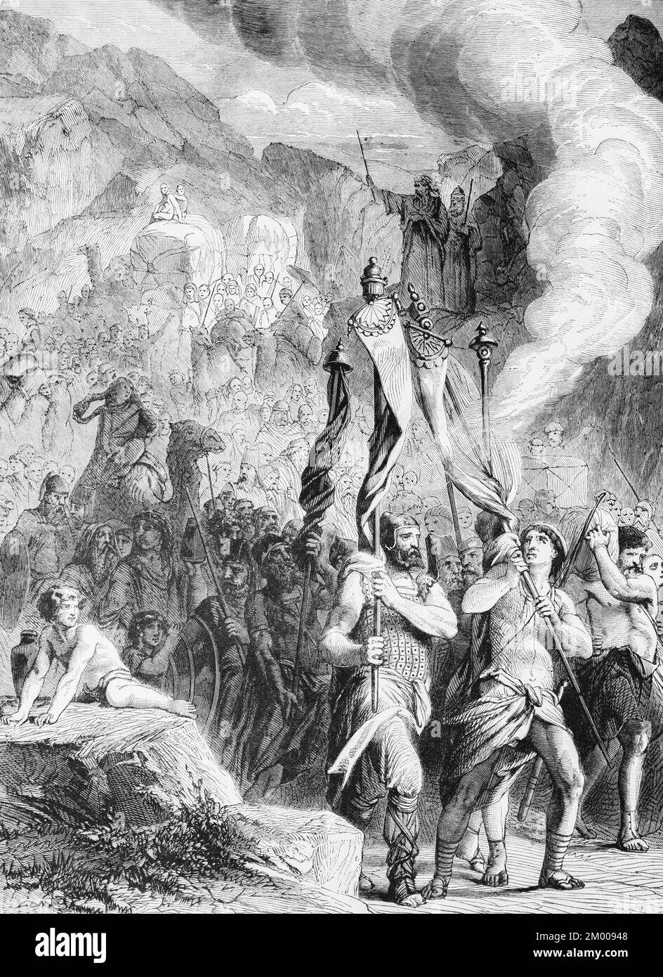 Prozession der Kinder Israels durch die Wüste, Menschenmenge, Standart, Flagge, Marsch, Priester, Berge, Landschaft, Altes Testament, Genesis, Fourt Stockfoto