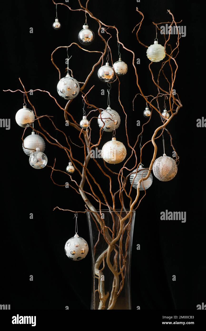 Weihnachtsbaum mit modernem Design - verdrehter Weidenzweig mit dekorativen Kugeln in Weiß und Silber auf schwarzem Hintergrund. Stockfoto