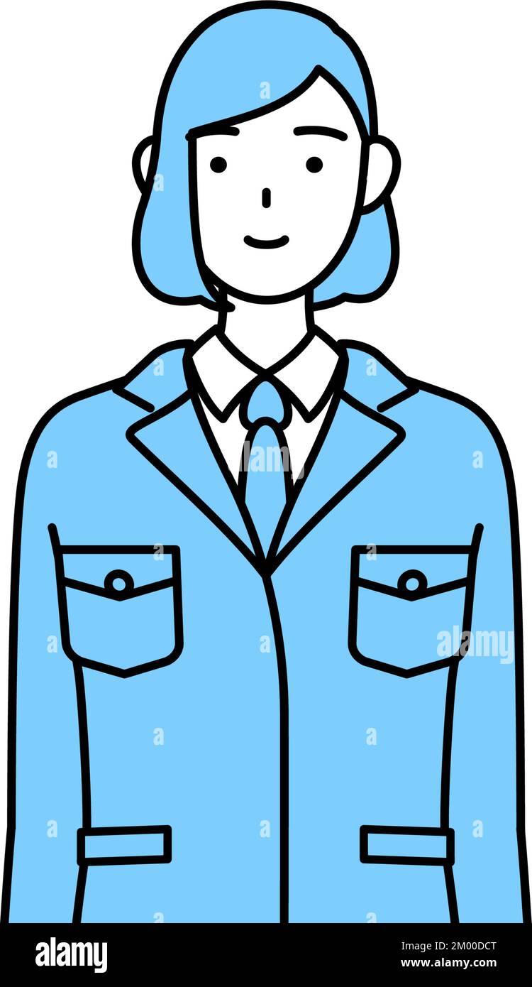 Einfache Strichzeichnung einer Frau in Arbeitskleidung mit gefalteten Händen vor dem Körper. Stock Vektor