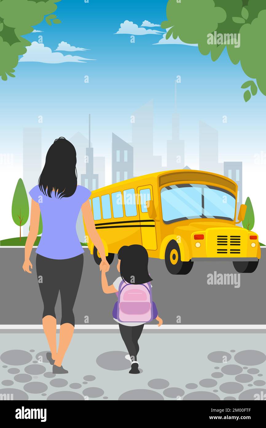 Junge asiatische Mutter, die ihre Schultochter in den Schulbus bringt Stock Vektor