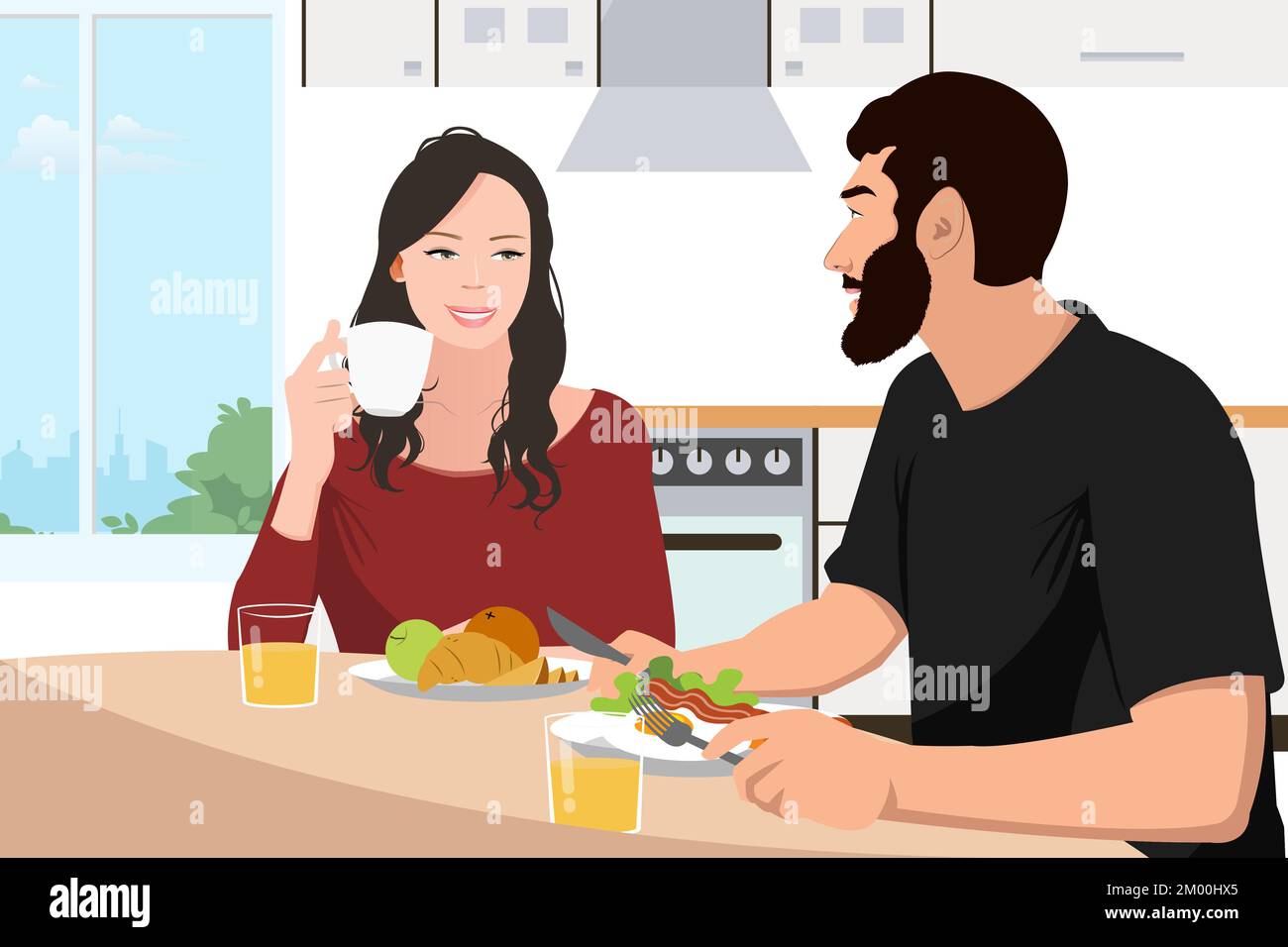 Ein junges asiatisches Paar, das zu Hause in der Küche frühstückt Stock Vektor